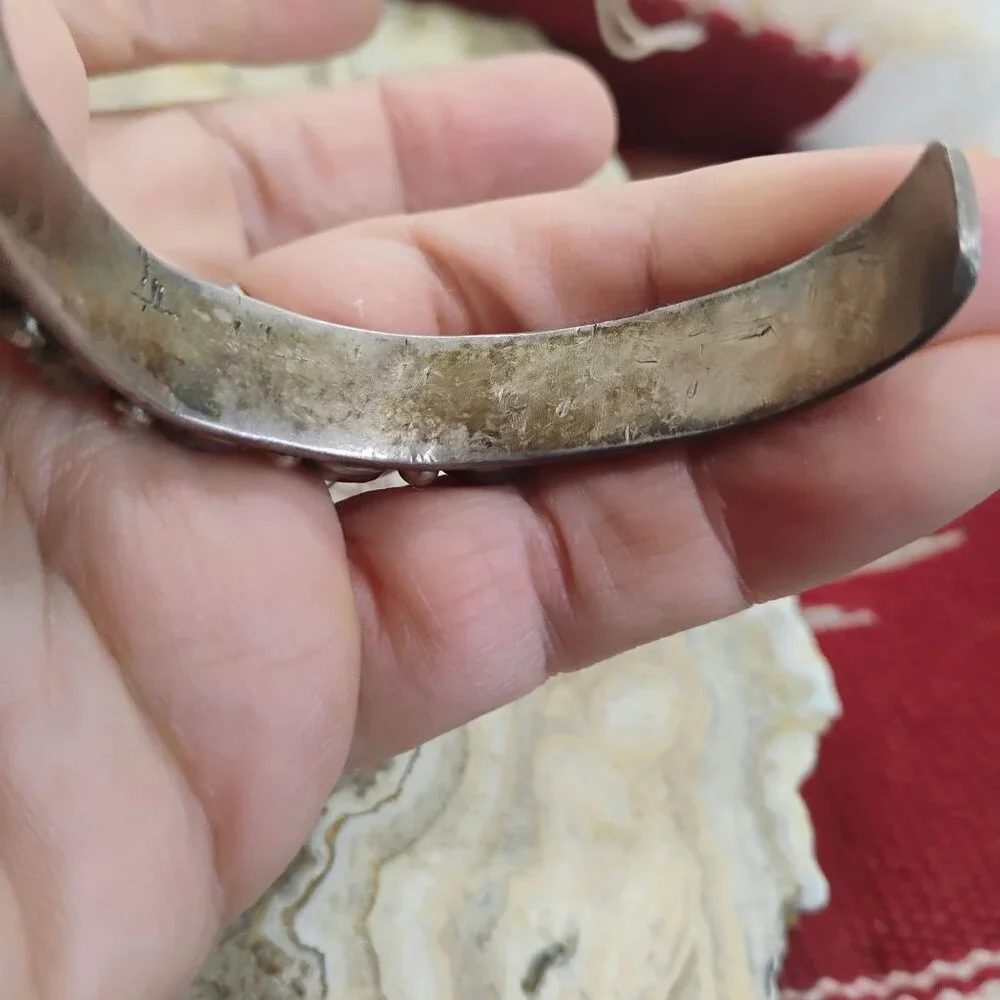 Vtg Navajo Old Pawn Sterling Silver Rough Stone Turquoise & Coral Cuff Bracelet - Picture 10 of 11